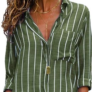 Women Button Down Casual Work Blouses V Neck Roll Up Sleeves Top